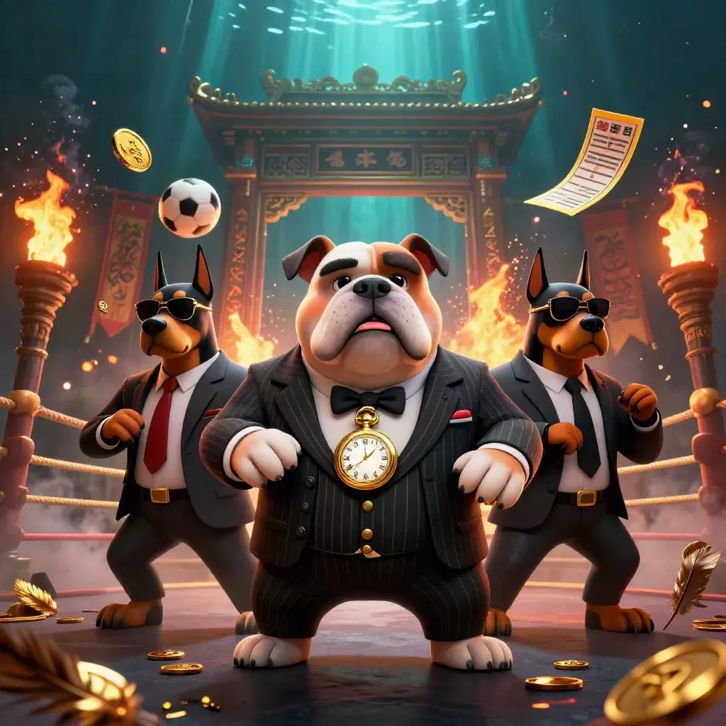Bulldog mob boss with Doberman guards amid coins, fire, and temple-gate casino action