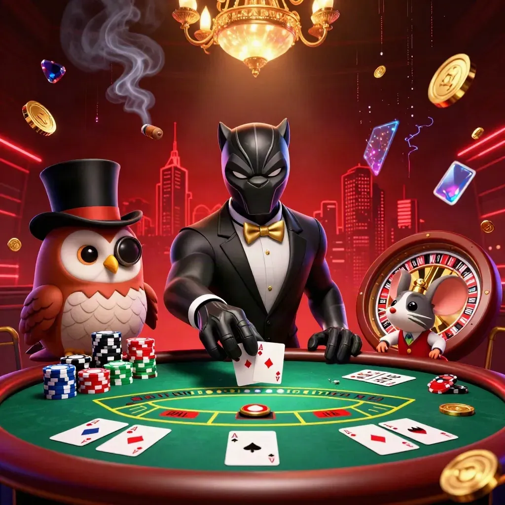 Panther dealer, owl with chips, and mouse at a luxury casino table under a chandelier.