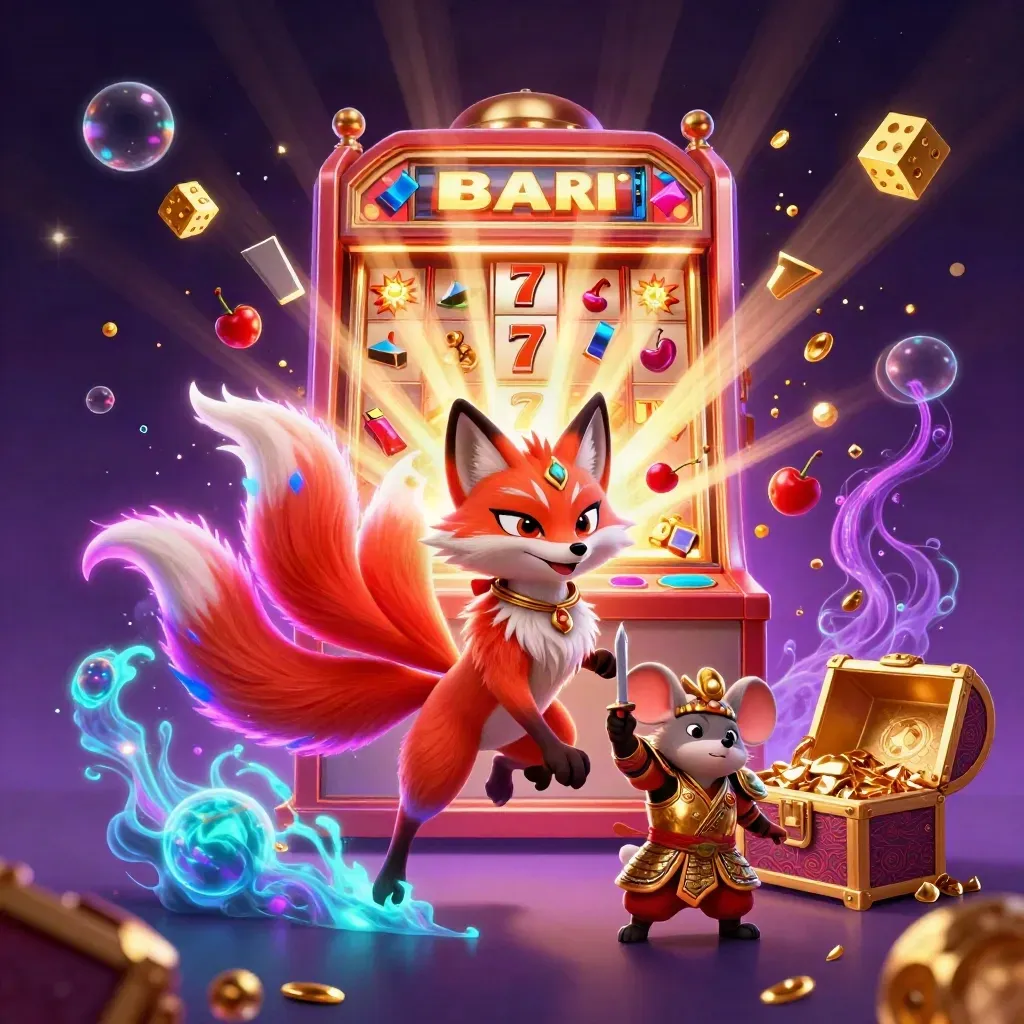 Neon fox spirit and golden samurai mouse burst from a jackpot machine amid gold, gems, and cosmic glow.
