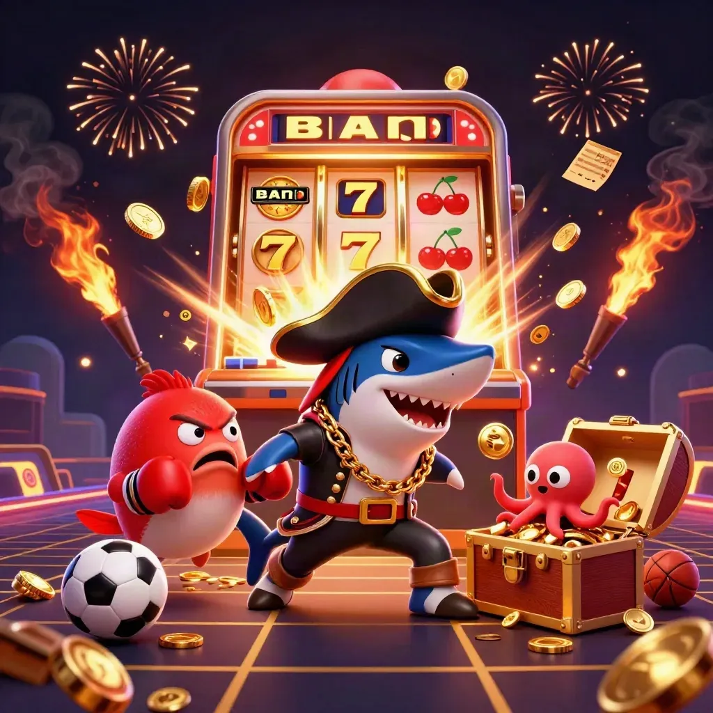 Pirate shark, boxing pufferfish, and coin-juggling octopus amid casino jackpot chaos.
